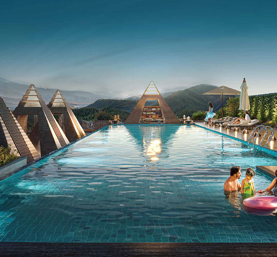 Infinity Pool With Pyramid Juice Bar And Loungers